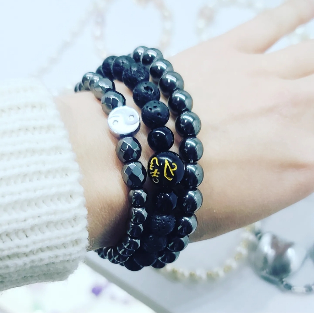 Stack of 3 Bracelets/ Hematite, Lava Stone, Yin-yang charm